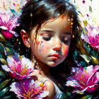 Colorful impressionistic painting of young girl with flowers