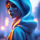 Portrait of woman in hood with blue lighting, gazing over shoulder