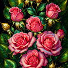 Colorful digital artwork featuring blooming roses and buds against dark foliage with golden accents.