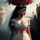 Woman in white dress with roses on head in surreal waterscape