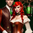 Steampunk couple with red hair posing with green lantern in mechanical setting