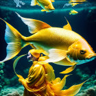 Woman in yellow dress underwater with goldfish and coral reef.