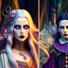 Gothic fantasy characters with elaborate costumes and mystical cats