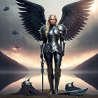 Warrior with black wings in silver armor holding spear in dramatic setting