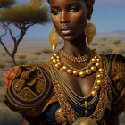 Woman in golden jewelry and headwrap on African savannah with acacia tree.