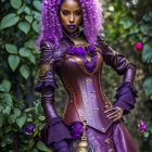 Purple-haired woman in Victorian attire with corset, ruffled skirt, roses, and timepiece against