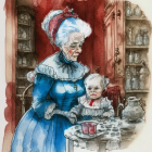 Victorian-era woman in blue dress with pig at tea party