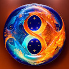 Colorful Yin-Yang Koi Fish Artwork with Fire, Water, and Cosmic Elements