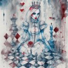 Fantastical queen with chess and red hearts in monochrome and red palette