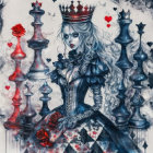 Gothic fantasy queen with crown, chess pieces, roses, hearts in monochrome with red accents