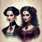 Victorian twin women digital art with red roses and ornate background