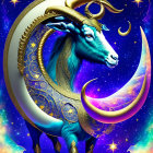 Mythical goat with golden horns in cosmic setting