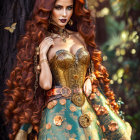 Voluminous red hair woman in butterfly crown fantasy dress with metallic teal elements and butterflies in natural scenery