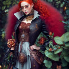 Vibrant red-haired woman in steampunk outfit among lush greenery