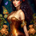 Fantasy woman in floral crown with steampunk accessories on mystical background