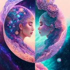 Stylized portraits of women with cosmic and floral motifs contrast dark and light themes in vibrant colors.