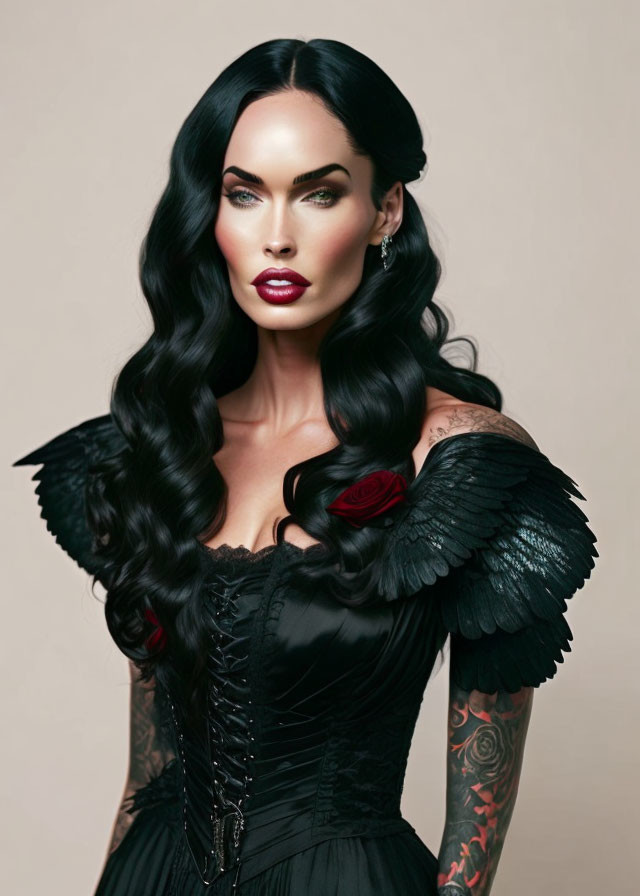 Woman with long wavy black hair and tattoos, in black feathered outfit holding red rose