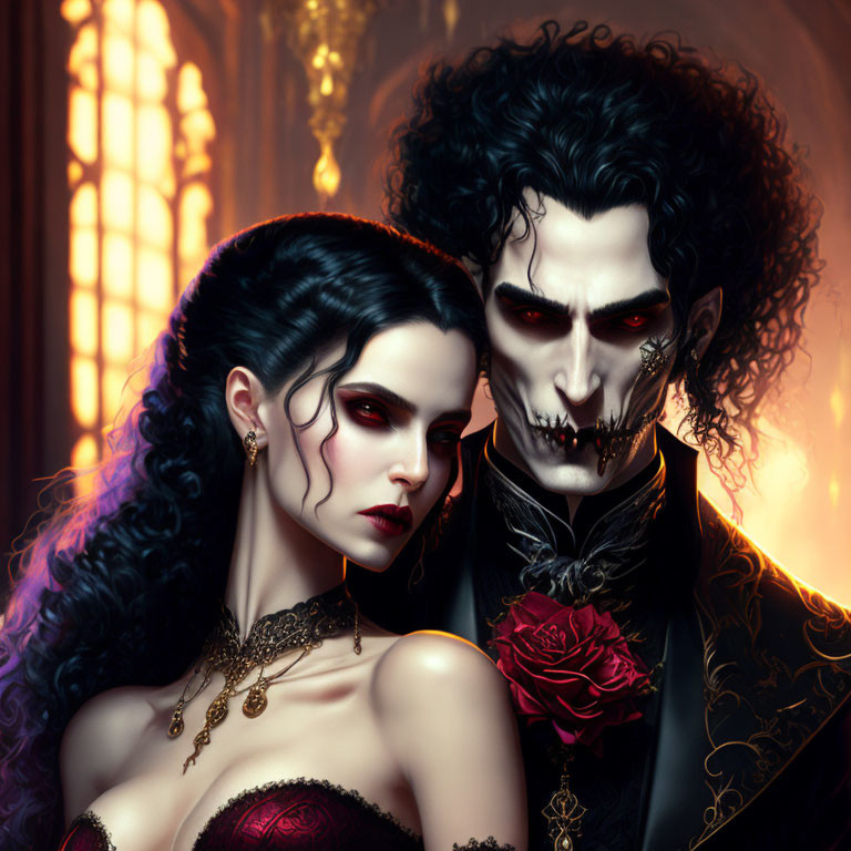 Gothic-style illustration of vampiric couple in elegant attire