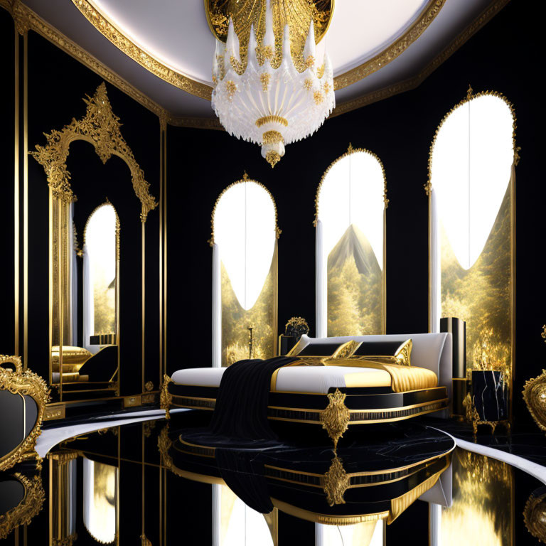 Opulent Gold and Black Decor Bedroom with Mirrors and Chandelier