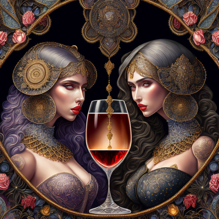 Symmetrical ornate women with levitating wine glass and intricate backdrop