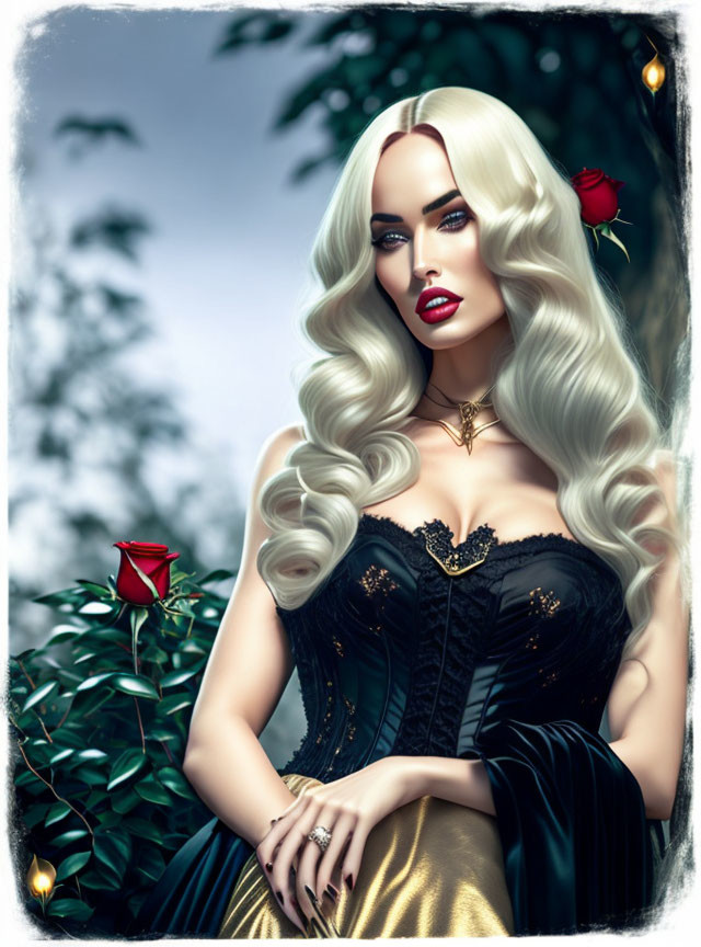 Platinum Blonde Woman in Black Corset with Red Lipstick and Rose Bush Background