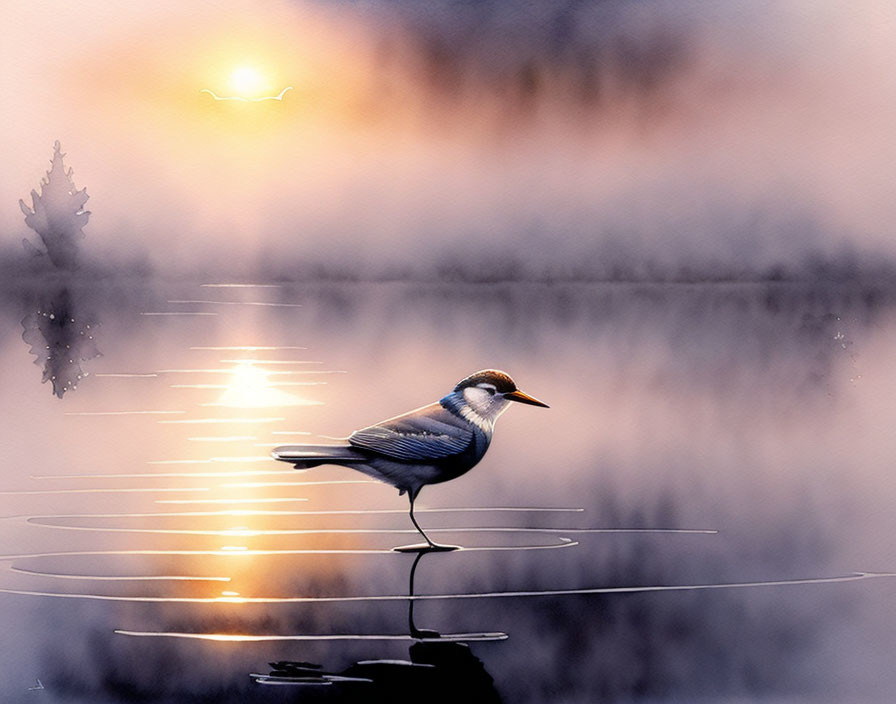 Bird perched on calm lake at sunset with reflection