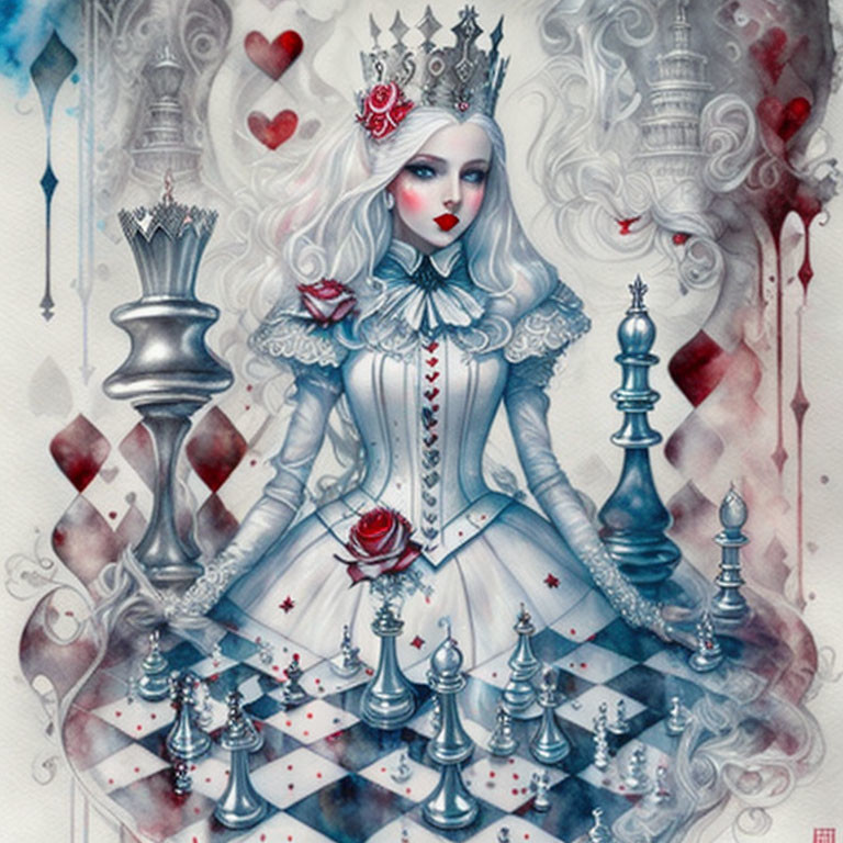 Fantastical queen with chess and red hearts in monochrome and red palette