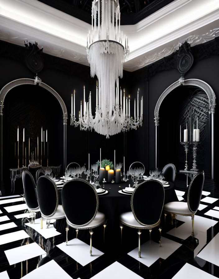 Sophisticated Dining Room with Checkered Floor, Ornate Chairs, White Table, and Crystal Ch