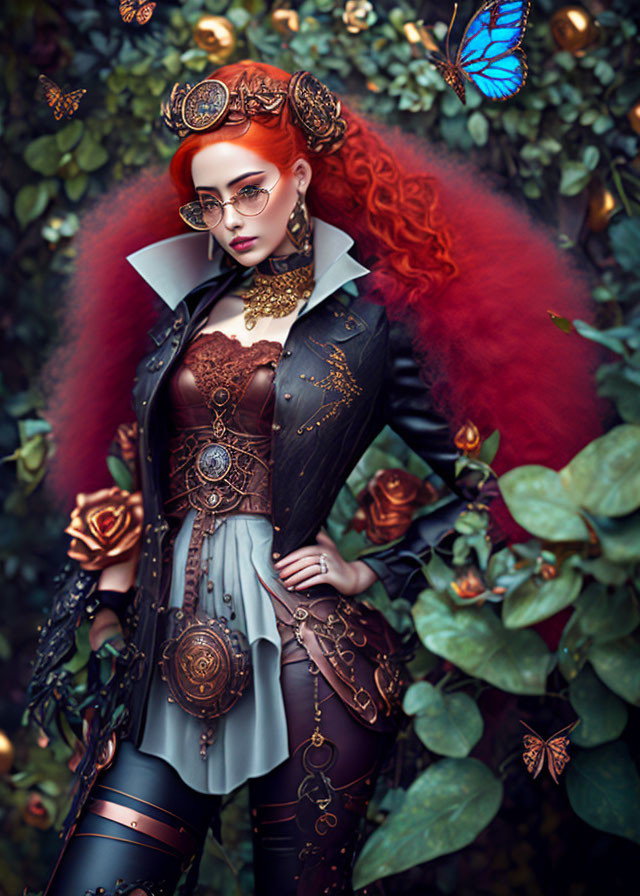 Vivid red-haired woman in steampunk attire with butterflies in lush green setting