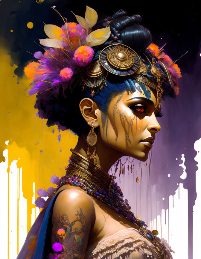 Colorful digital portrait of woman with ornate headdress, makeup, tattoos, and mystical aura.