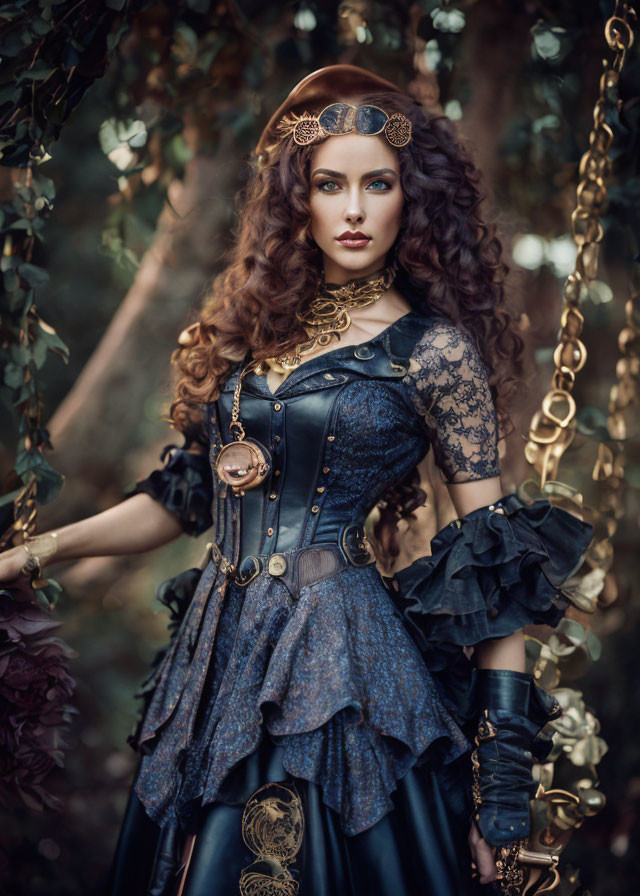 Detailed Steampunk Outfit with Corset and Lace Sleeves in Greenery Setting