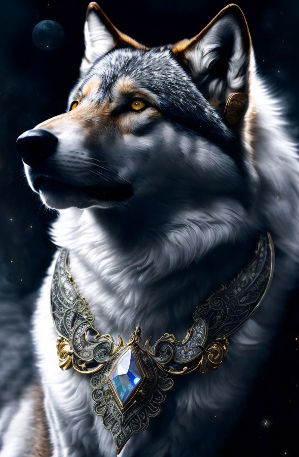 Majestic wolf with blue eyes and golden necklace on starry background