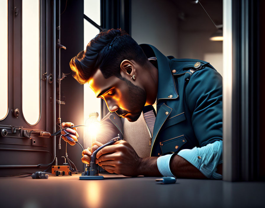 Bearded man working at desk under lamp in dimly lit room