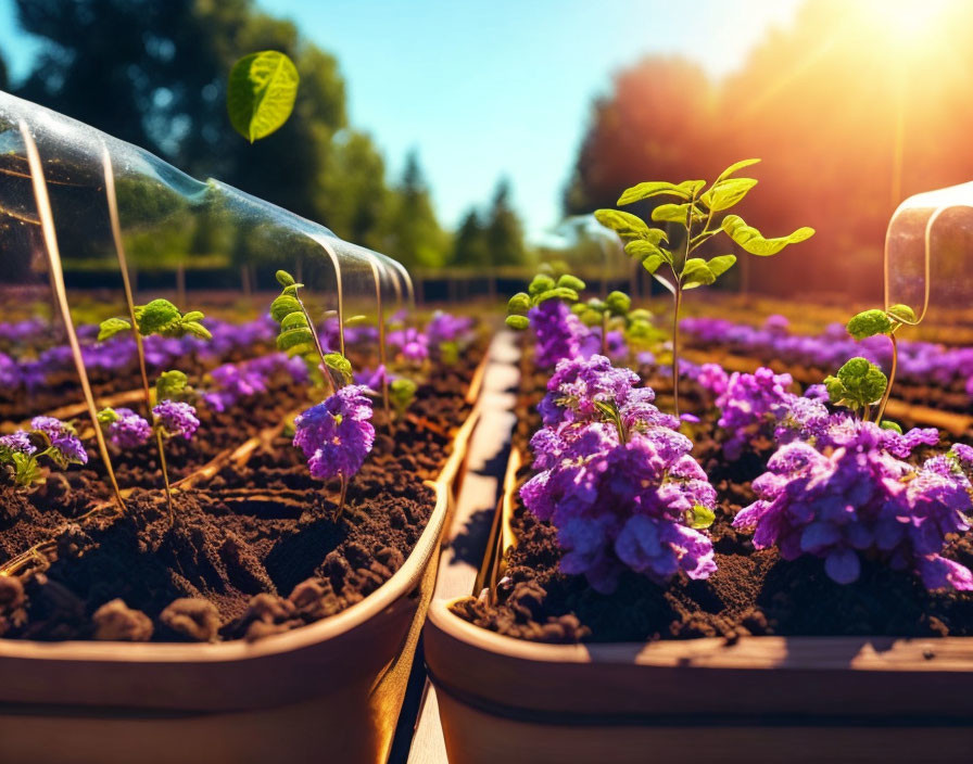 Greenhouse with Young Plants and Purple Flowers in Sunlight