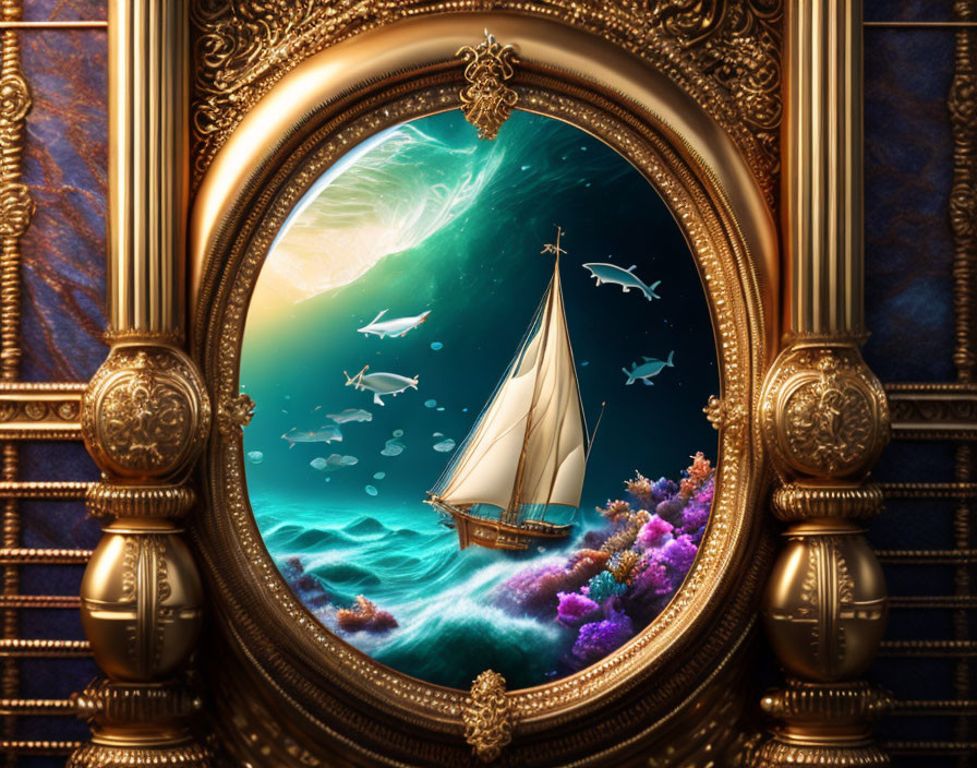 Sailboat on Vibrant Coral Reef in Gold Frame