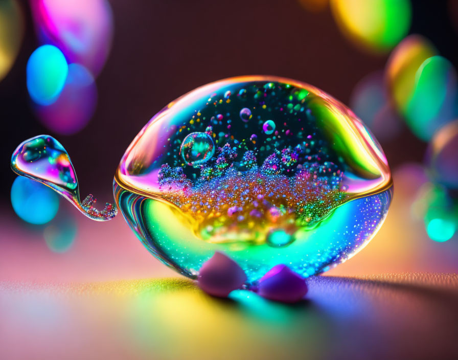 Vibrant macro photo: water droplet with sparkling reflections and dreamy bokeh.