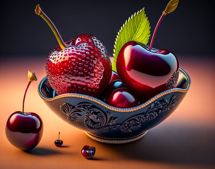 Detailed Hyper-Realistic Still Life: Glossy Cherries in Blue Bowl