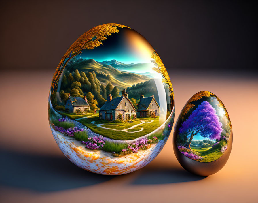 Intricately painted Easter eggs with rural and floral scenes