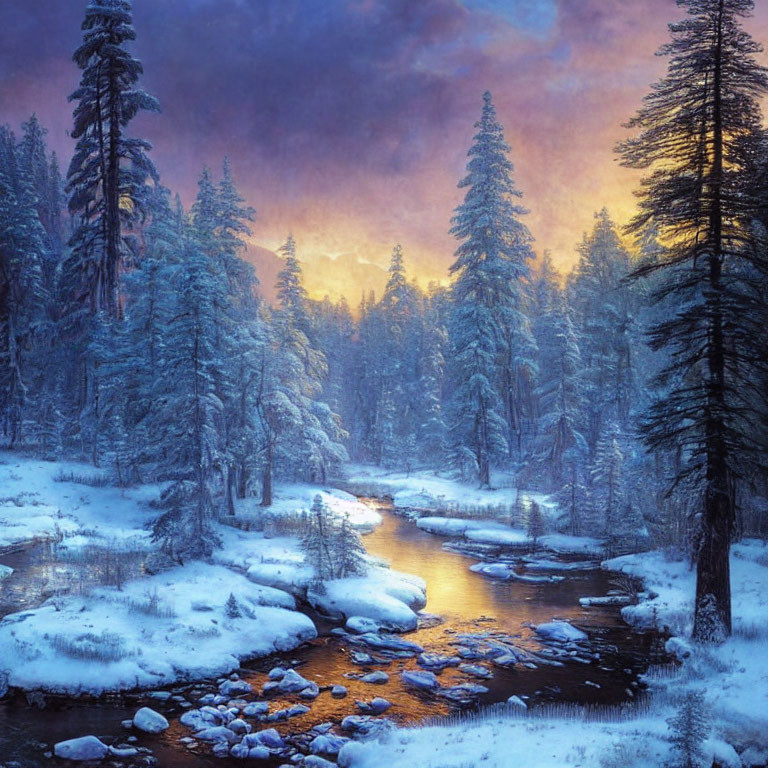 Snow-covered trees and stream in serene winter landscape