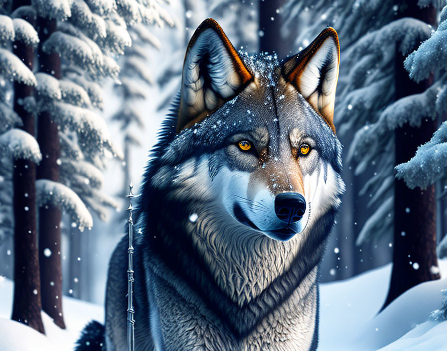 Majestic Wolf in Snowy Forest Digital Art Rendering