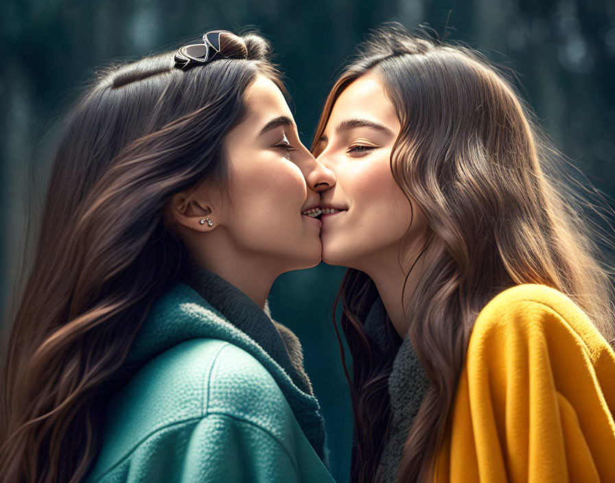 Close bond between two women in teal and yellow jackets touching noses under soft light