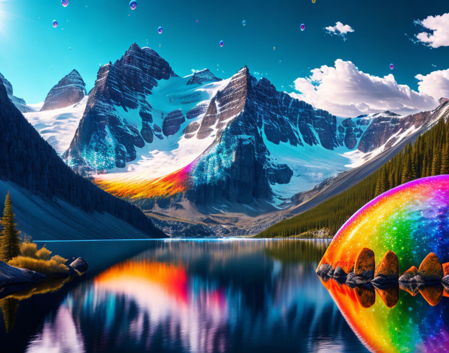 Surreal mountain landscape with reflective lake and colorful elements