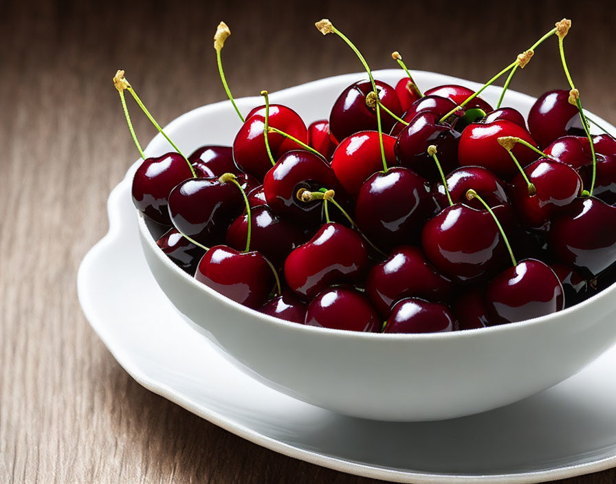 Fresh Ripe Cherries on White Plate with Wooden Background