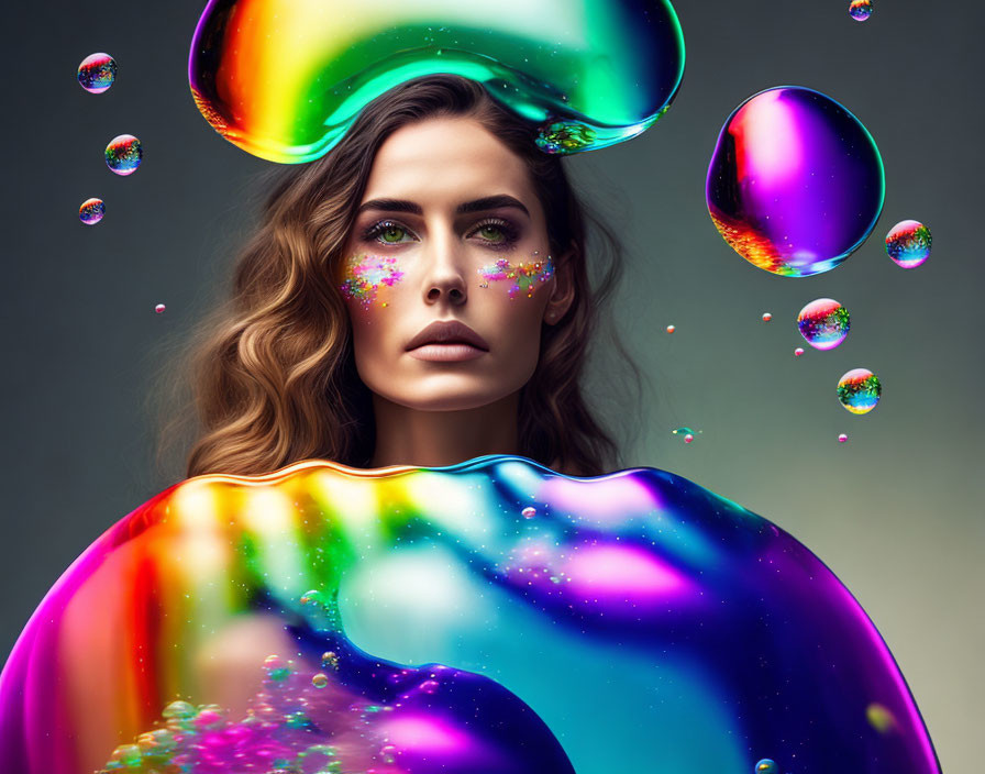 Colorful Makeup and Glitter Woman Surrounded by Iridescent Bubbles