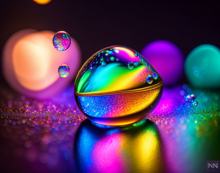 Colorful Macro Photo of Water Droplets with Rainbow Reflections