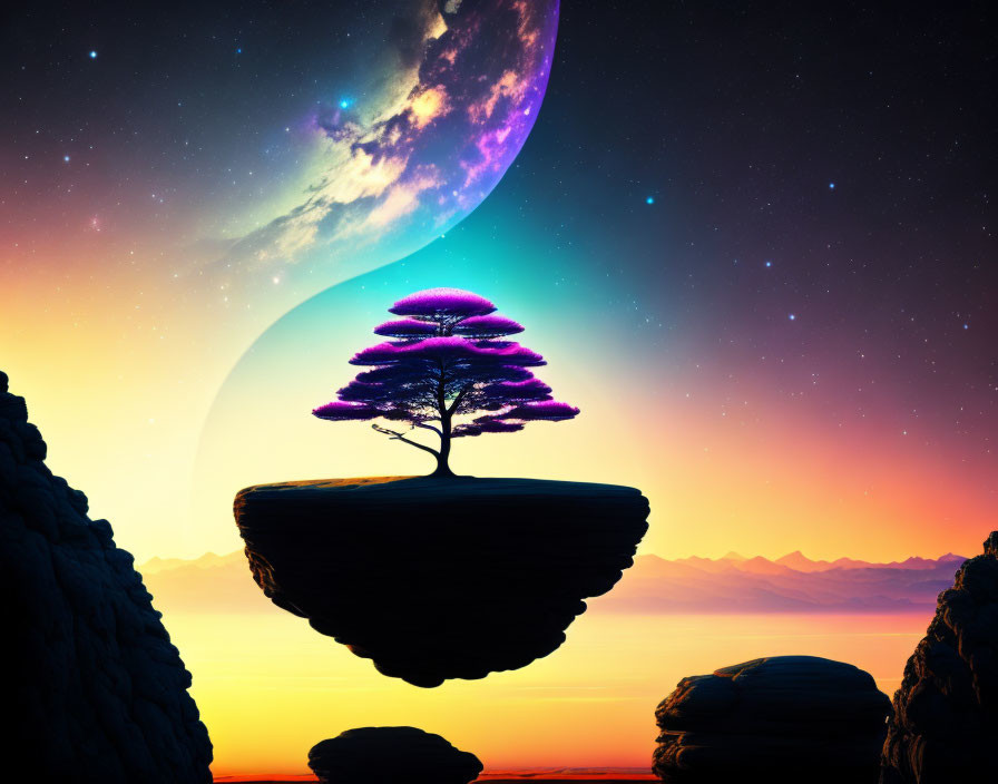 Solitary tree on floating island under cosmic sky