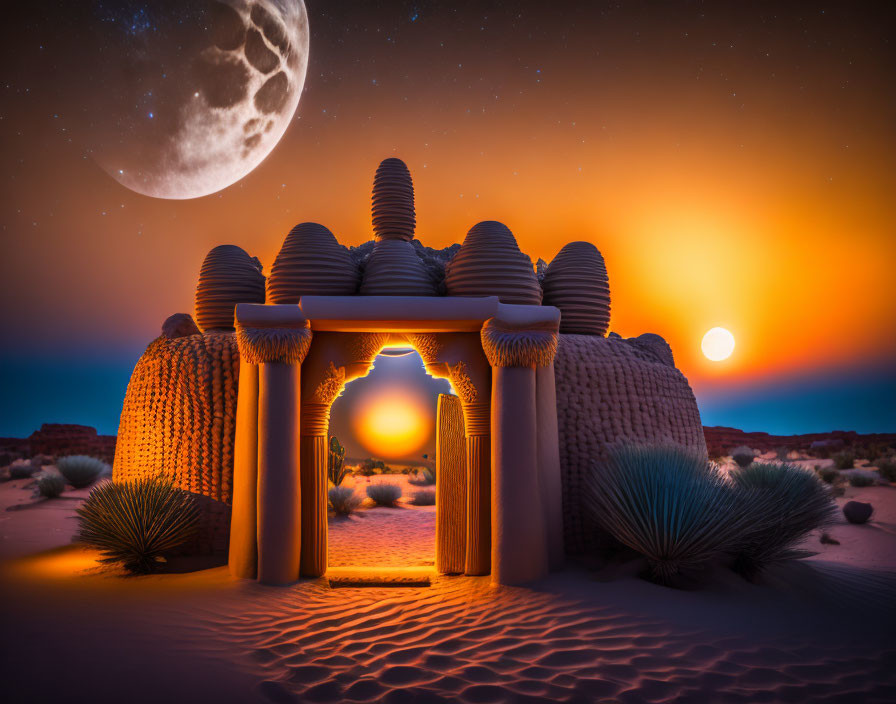 3D Printed Desert Structure with Archway under Twilight Sky