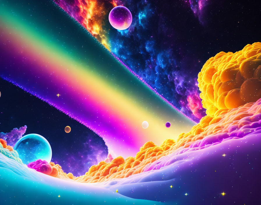 Colorful Cosmic Landscape with Nebulae, Planets, Stars, and Rainbow Hues