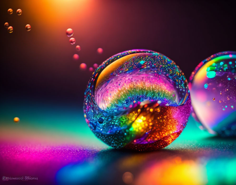 Colorful water bubbles with rainbow reflections on glittery surface