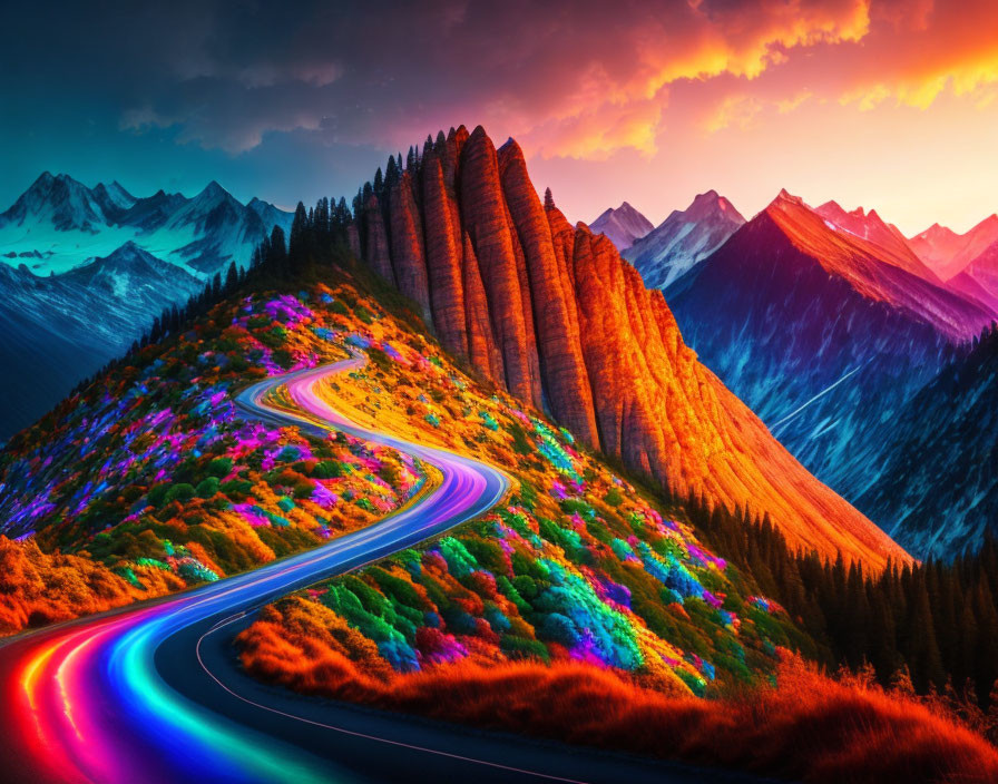 Colorful Rainbow Road Through Flower-Covered Mountain Landscape